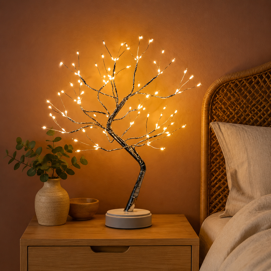 Tree of Light table lamp glowing on a bedroom nightstand.