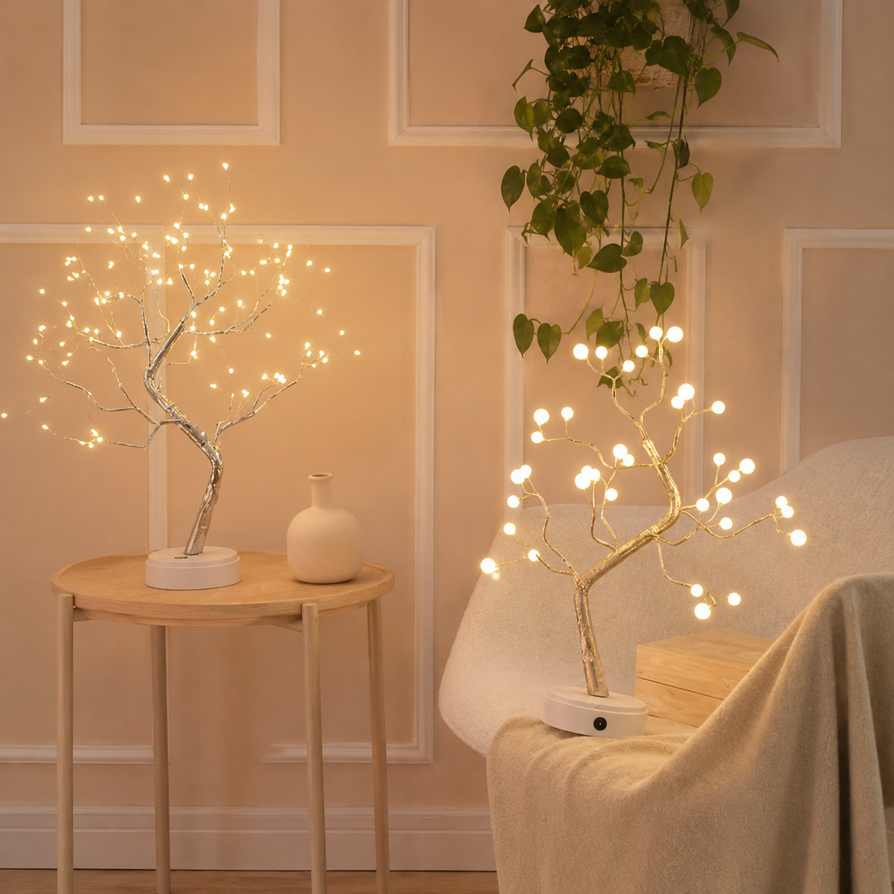 Two Tree of Light table lamps glowing in a peach bedroom.