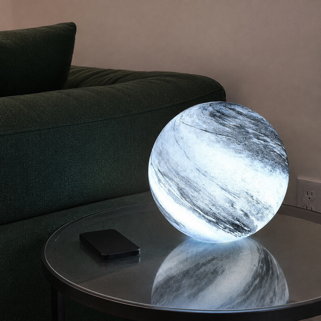 Glass moon table lamp glowing on a round glass table beside a green sofa.