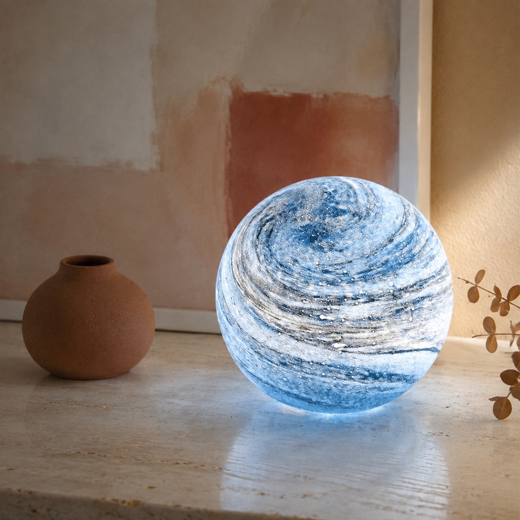 Glass moon table lamp glowing on a stone console beside a terracotta vase.