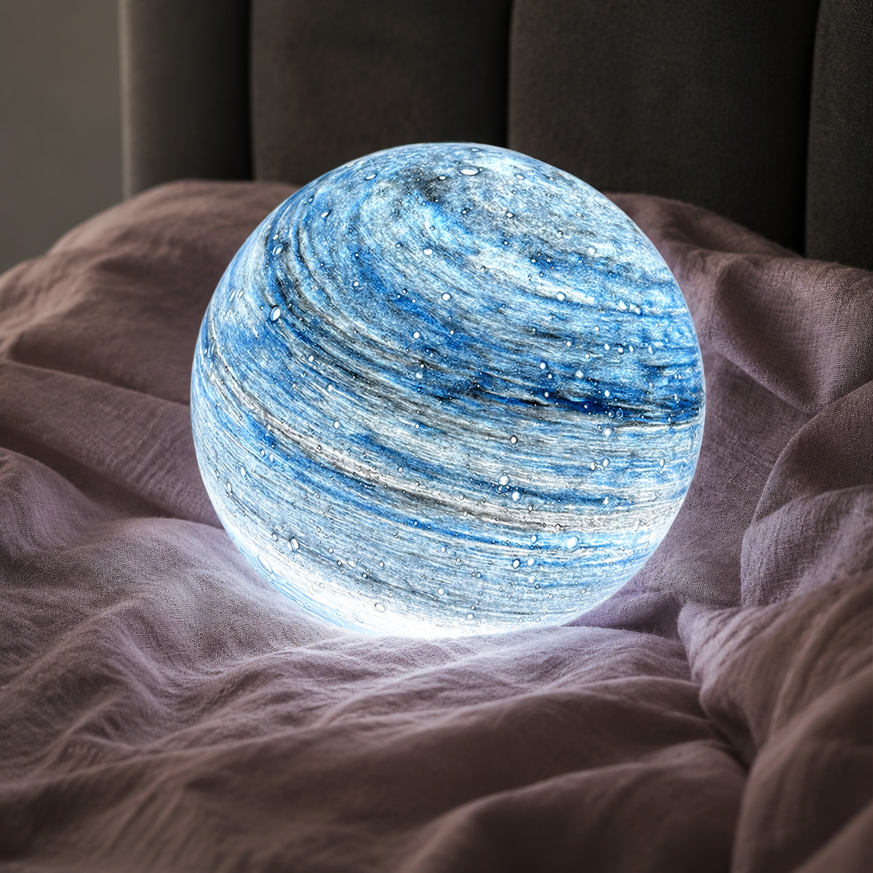Blue glass moon table lamp glowing on dusty rose bedding.