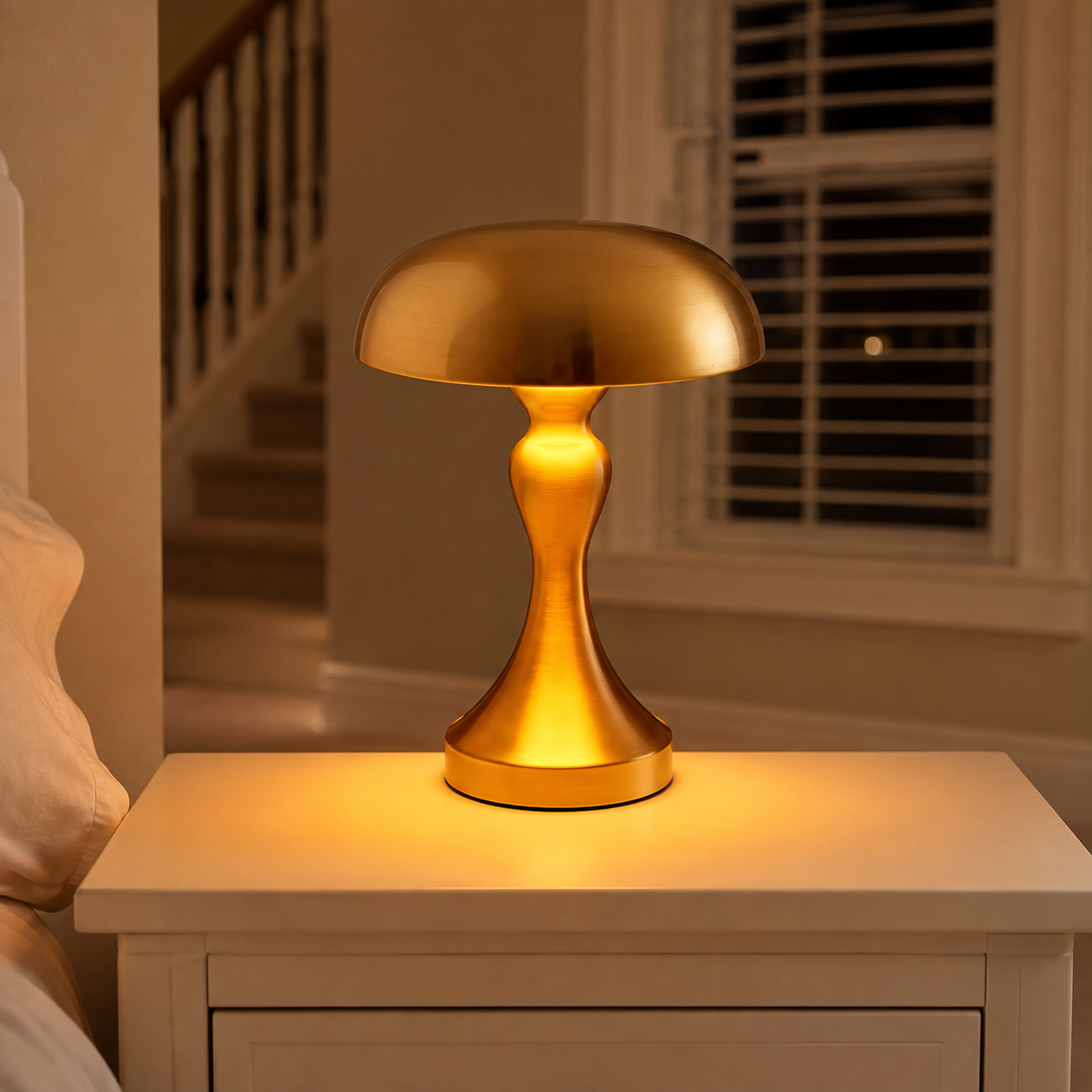 Gold table lamp glowing on a white bedside table beside a window.