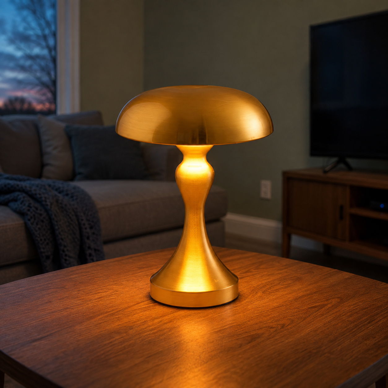 Gold table lamp glowing on a wooden coffee table in a dim living room.