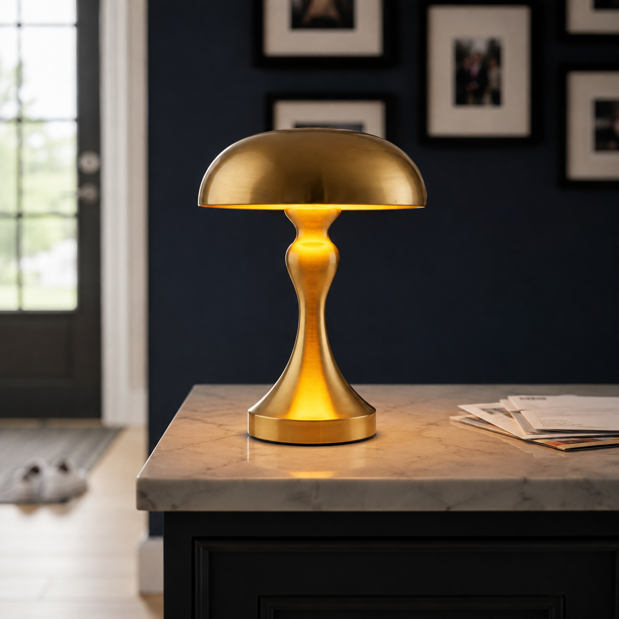 Gold table lamp glowing on a dark desk against a navy wall with framed art.