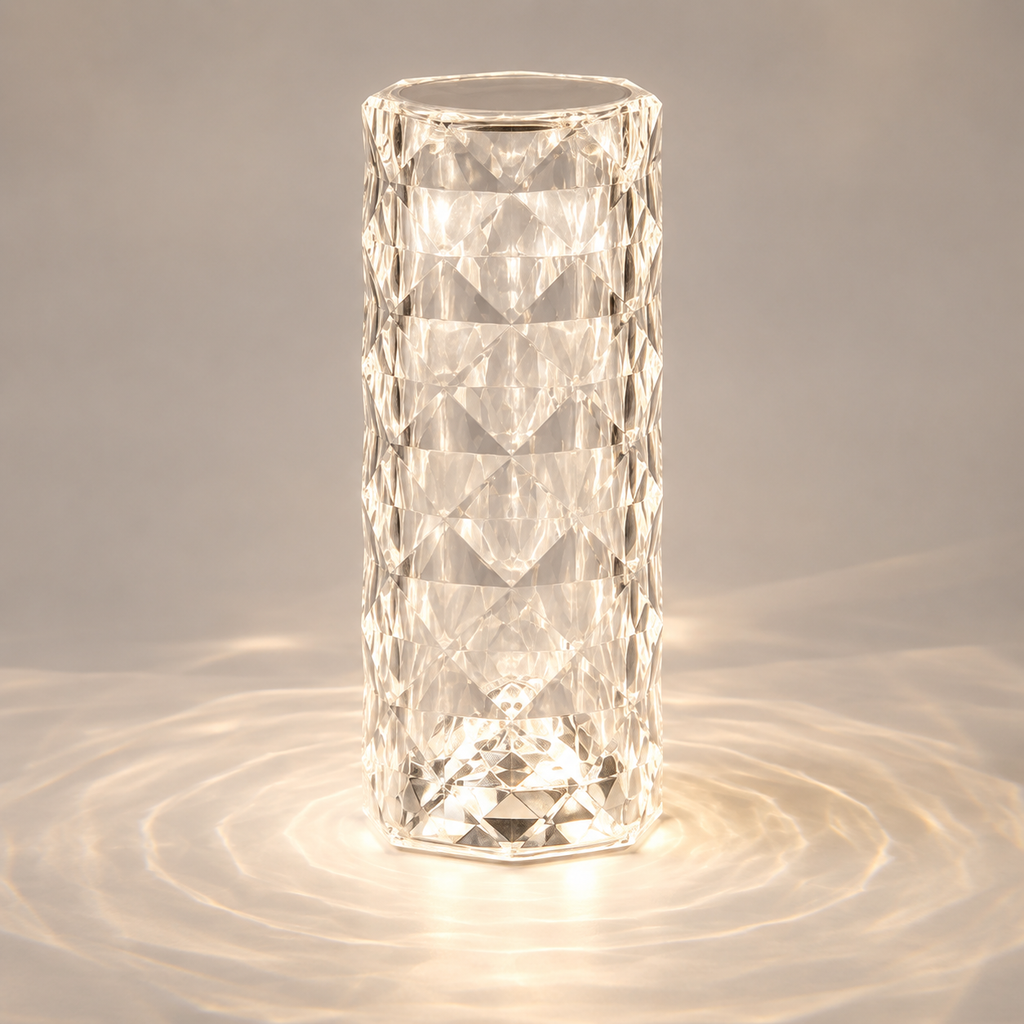 Clear faceted table lamp glowing on a gray surface with circular light patterns around the base.
