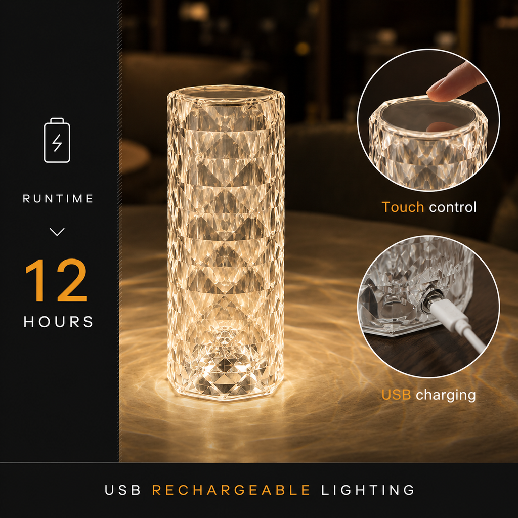 Clear faceted table lamp glowing beside touch control, USB charging, and 12-hour runtime graphics.
