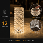 Clear faceted table lamp glowing beside touch control, USB charging, and 12-hour runtime graphics.
