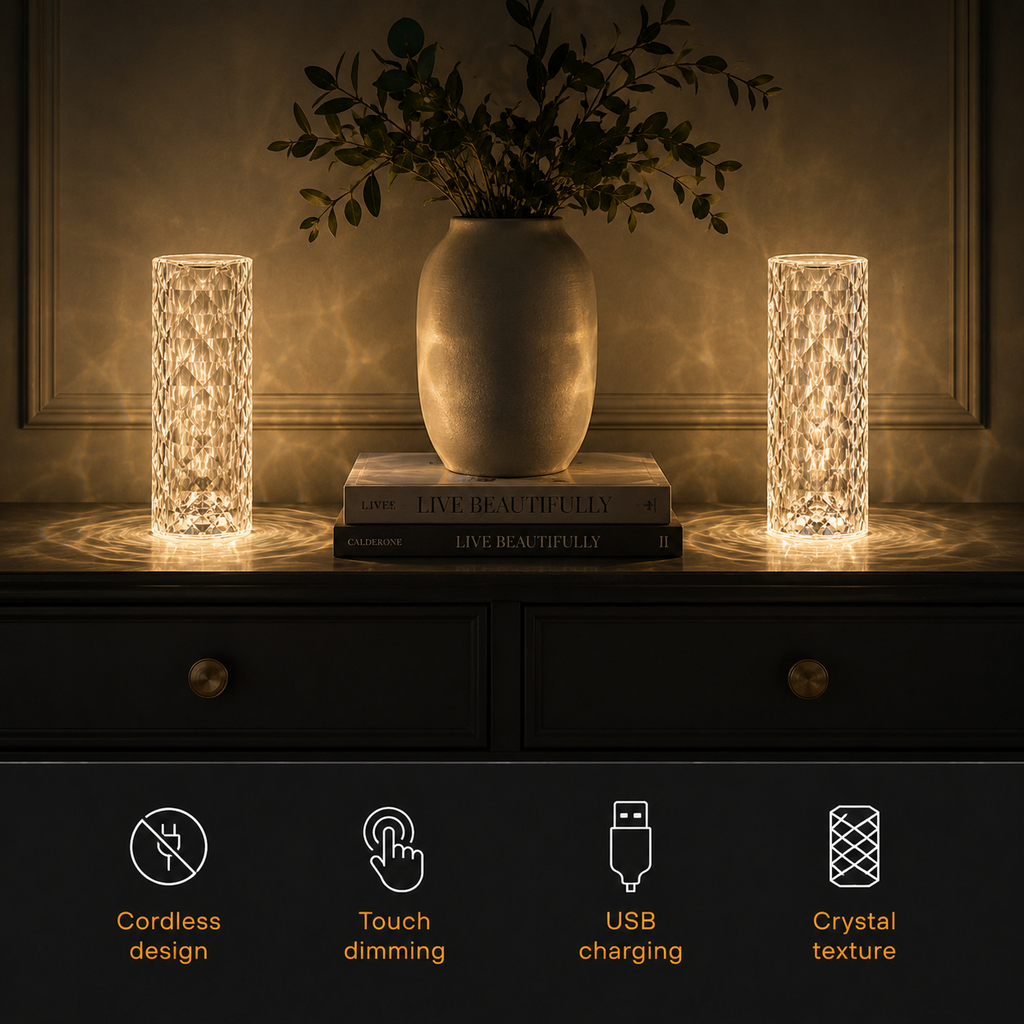 Two glowing table lamp units on a console table with four feature icons below.