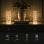 Two glowing table lamp units on a console table with four feature icons below.