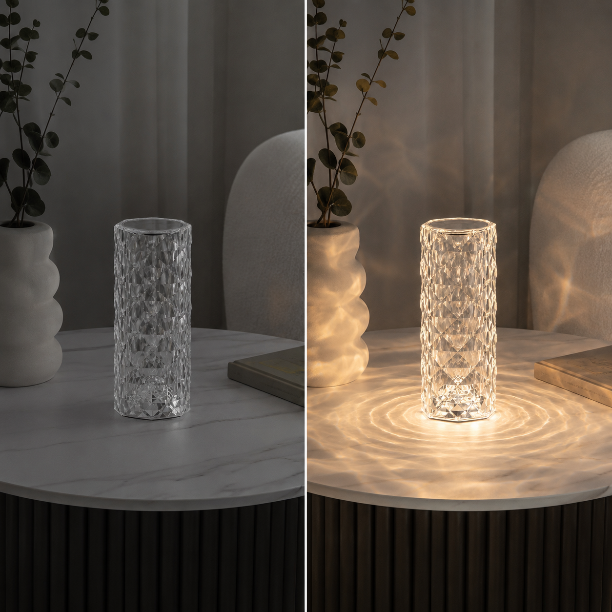 Clear faceted table lamp shown unlit and glowing on a round table beside a vase and books.