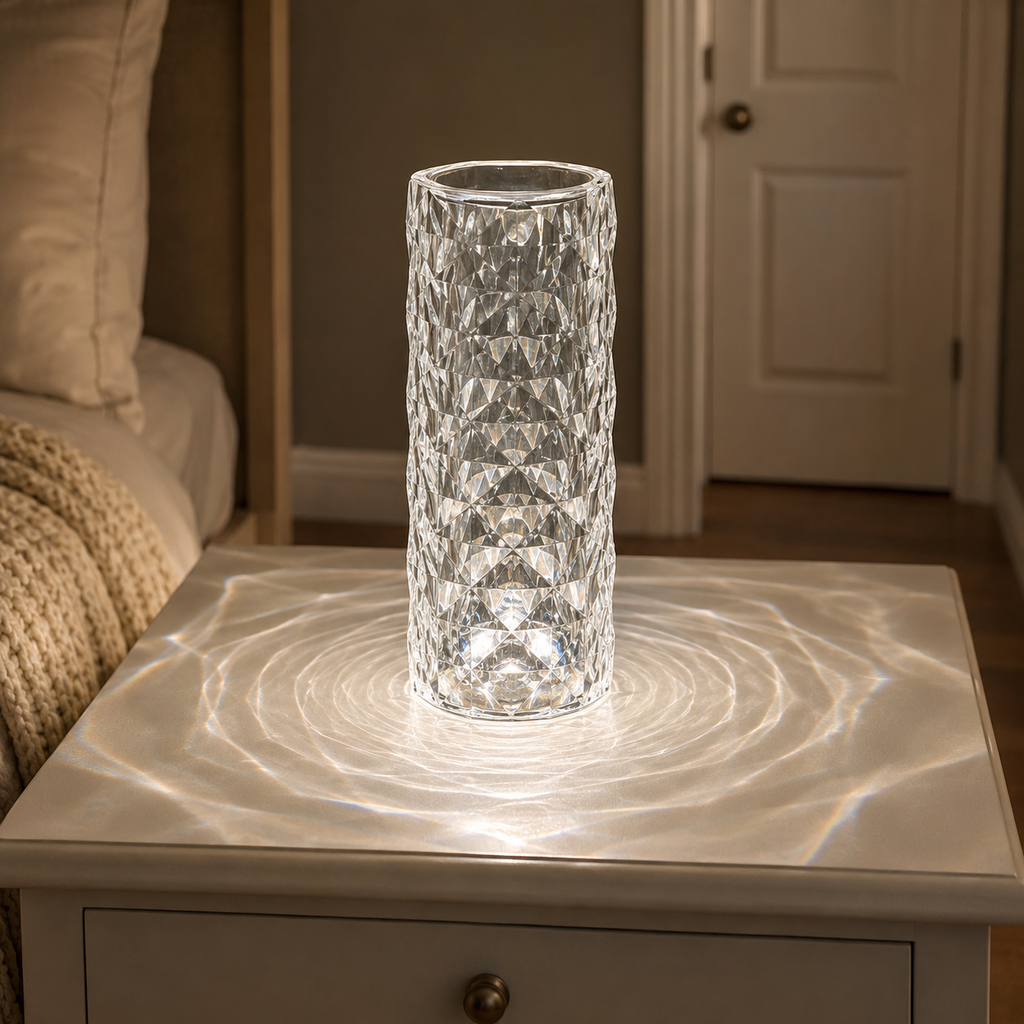 Clear faceted table lamp glowing on a round bedside table beside a neatly made bed.