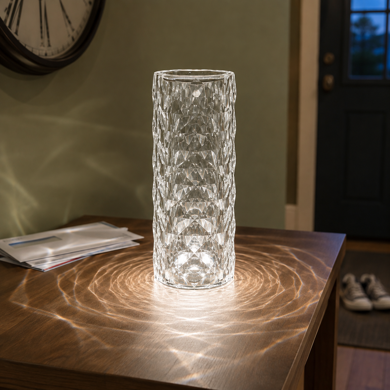 Clear faceted table lamp glowing on a wooden side table in a softly lit room.
