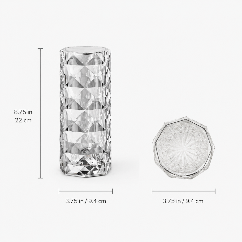 Table lamp dimension graphic with front and top views of the clear cylindrical design.
