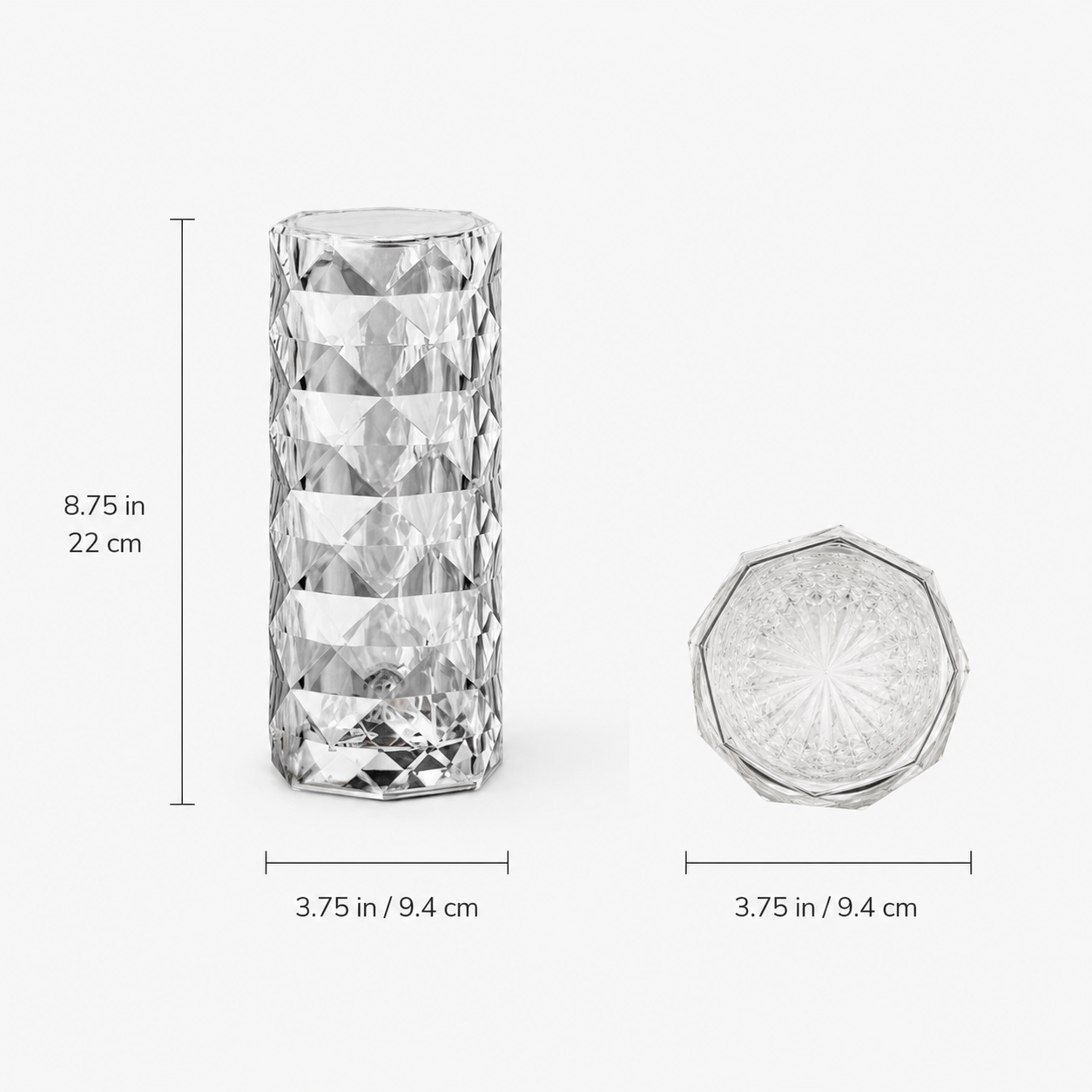 Table lamp dimension graphic with front and top views of the clear cylindrical design.