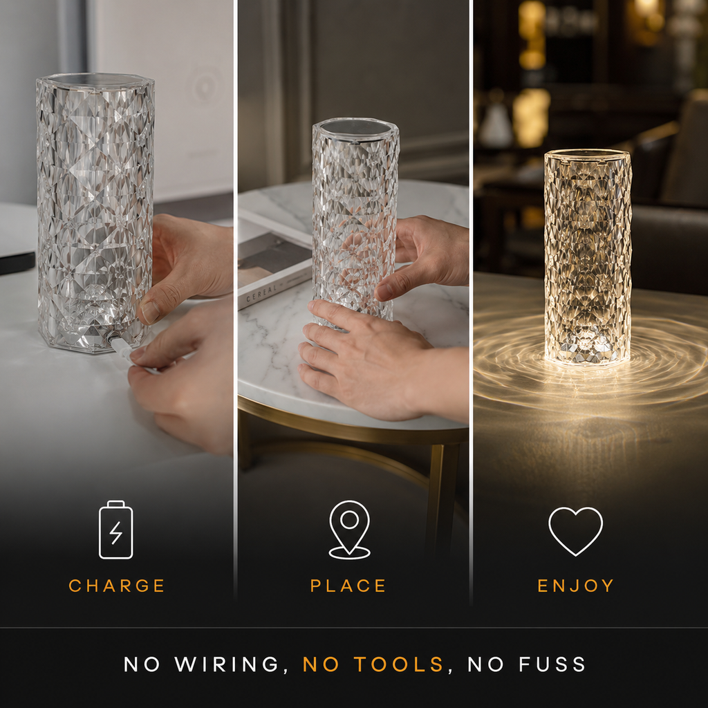 Clear faceted table lamp shown being charged, placed on a table, and glowing in a three-step graphic.