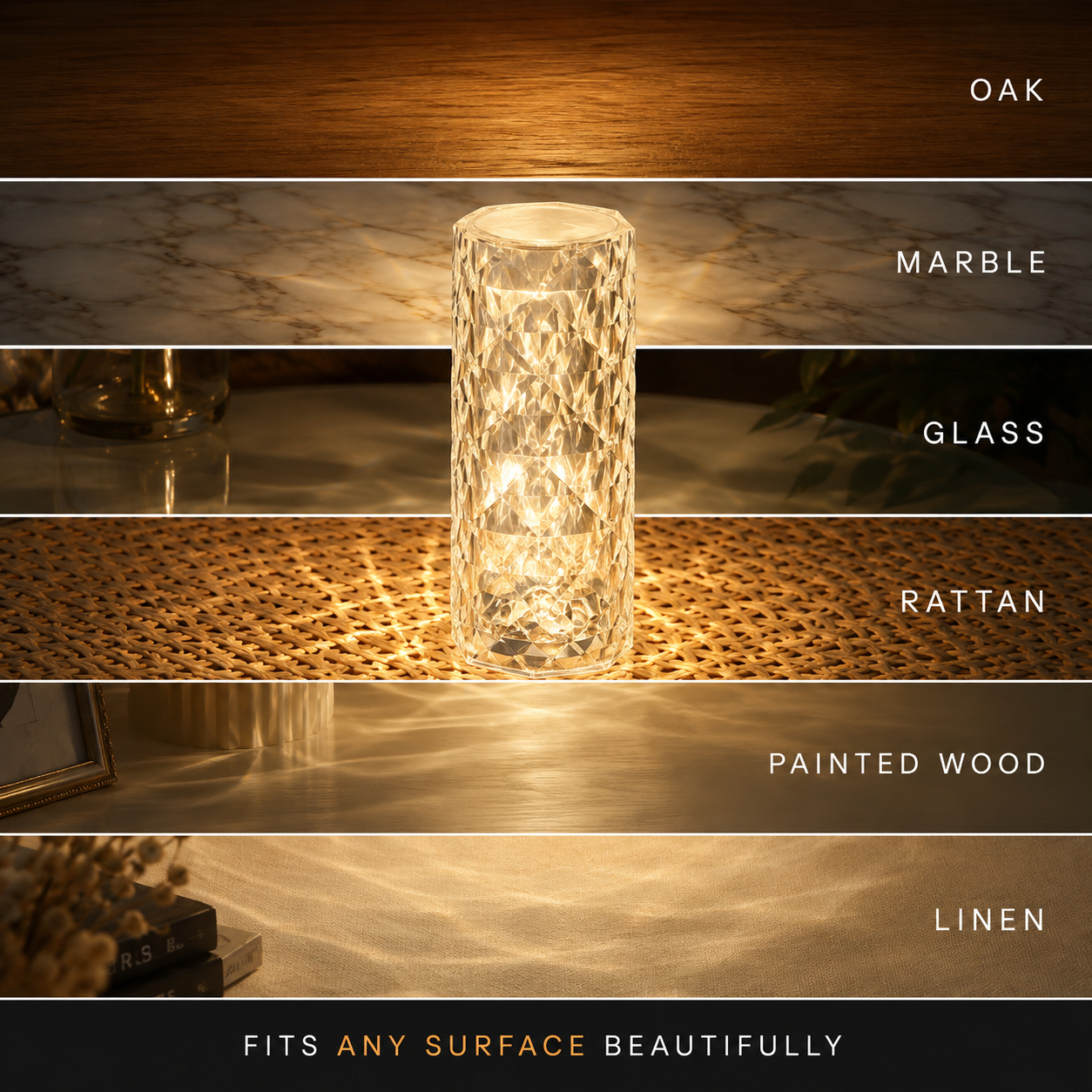 Glowing faceted table lamp displayed across oak, marble, glass, rattan, painted wood, and linen surfaces.