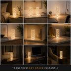 Glowing faceted table lamp shown in nine bedroom, office, shelf, kitchen, and living room settings.