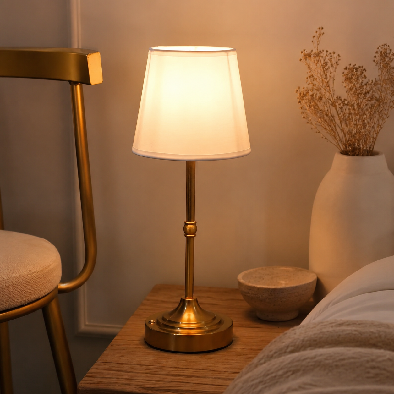 Gold cordless table lamp glowing on a bedside surface in a warm bedroom.