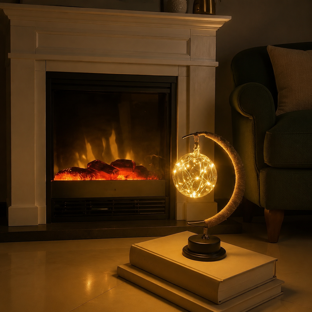 Crescent moon table lamp glowing on stacked books beside a white fireplace.