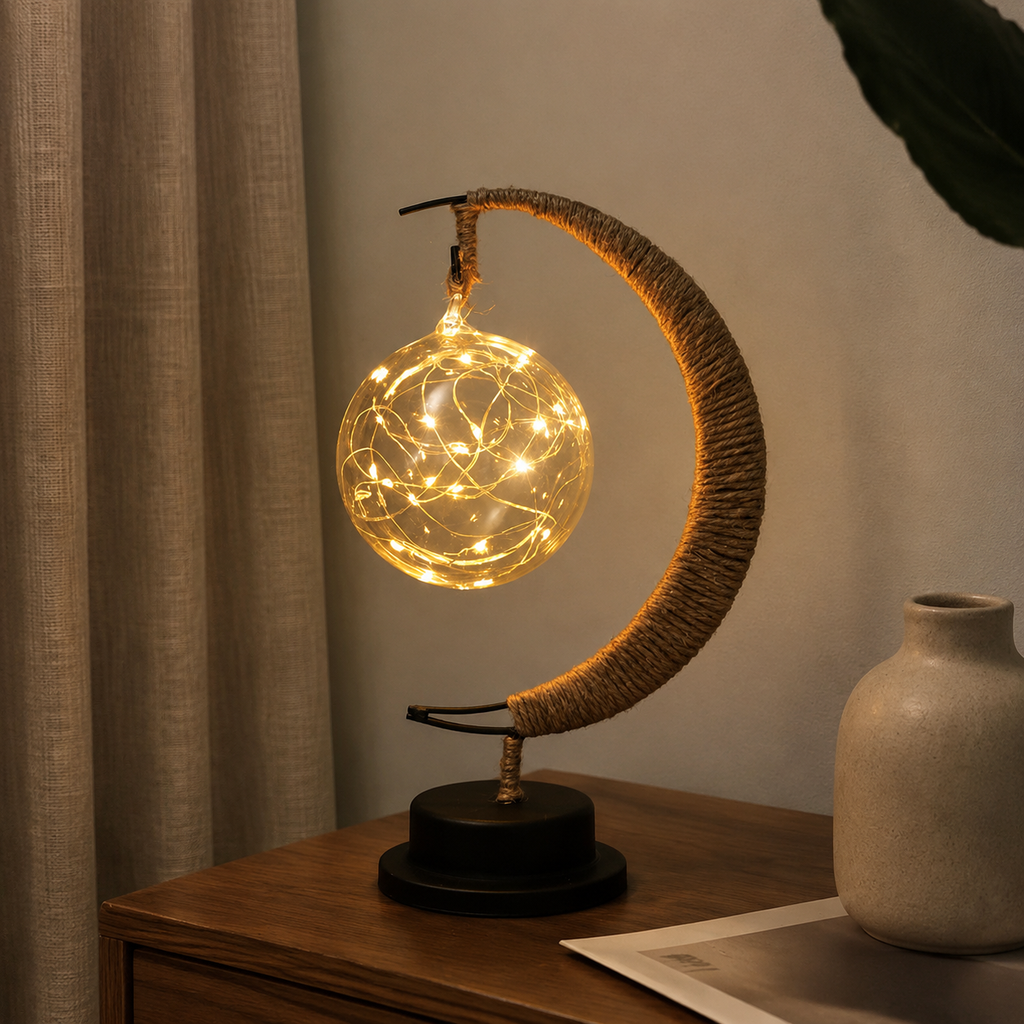 Crescent moon table lamp glowing on a wooden console beside a curtain and ceramic vase.