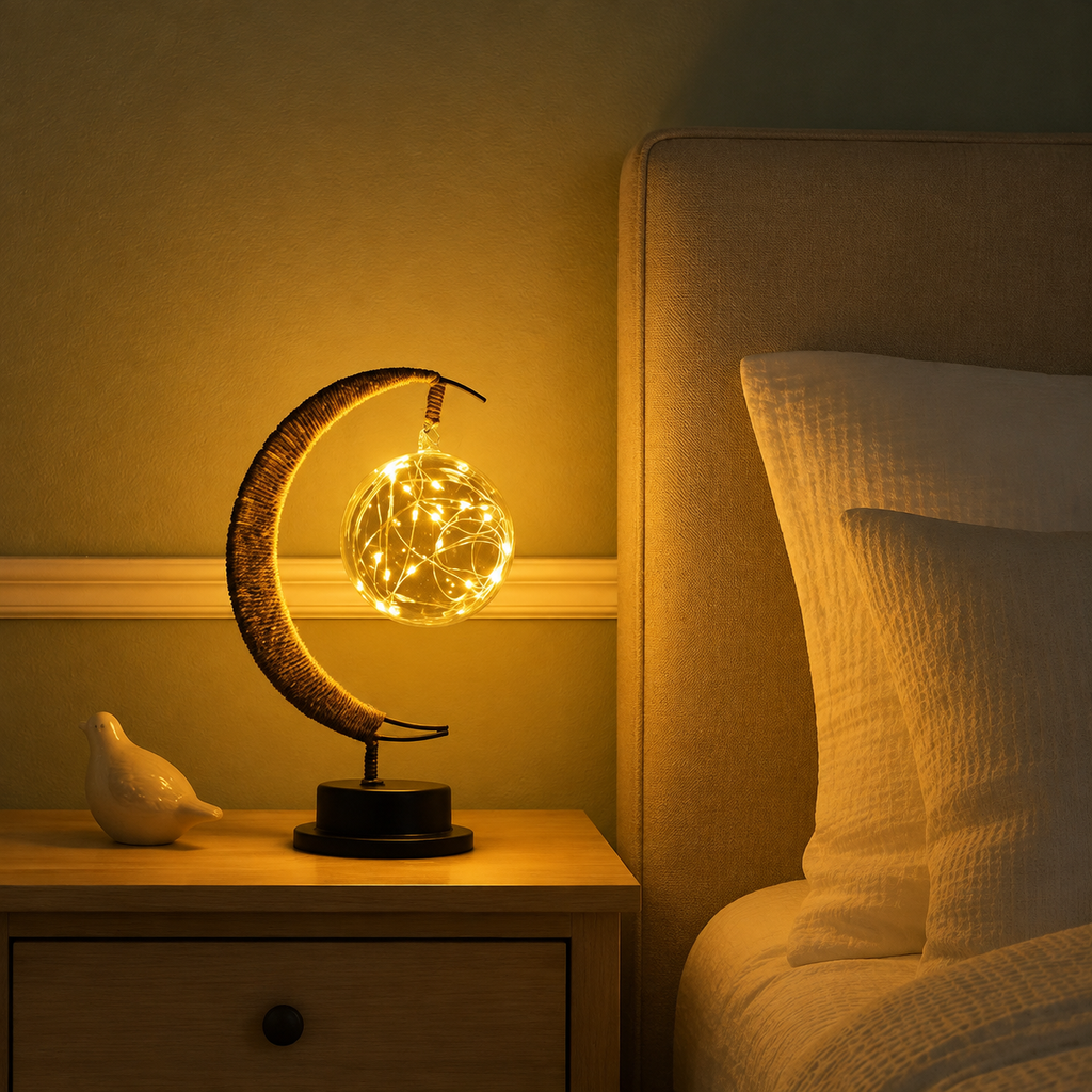 Crescent moon table lamp glowing on a bedroom nightstand beside an upholstered bed.