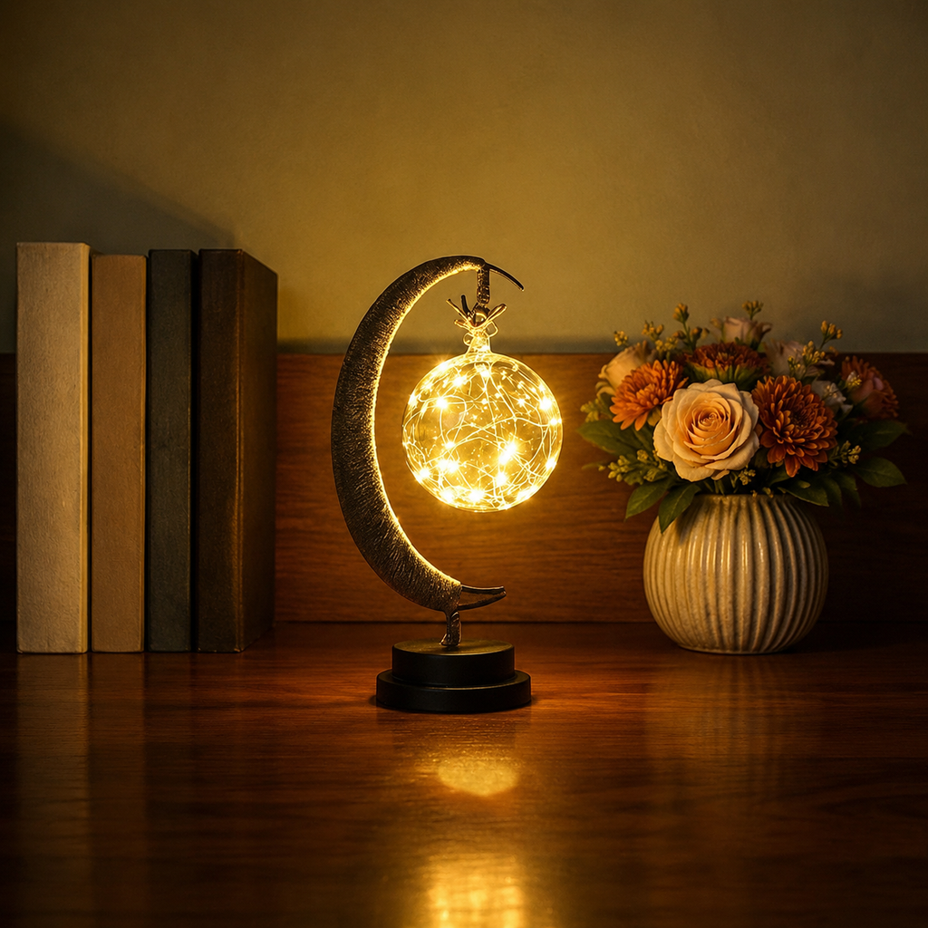 Crescent moon table lamp centered between blank books and a floral vase.