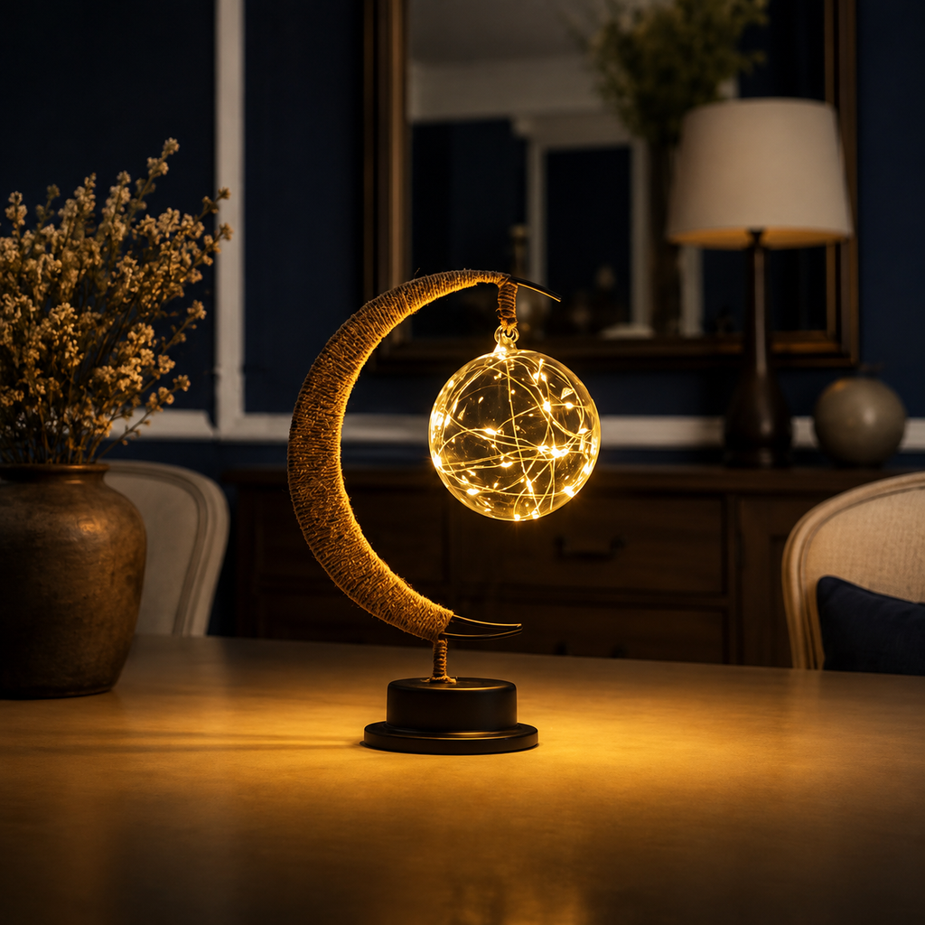 Crescent moon table lamp lit on a console in a dark living room.