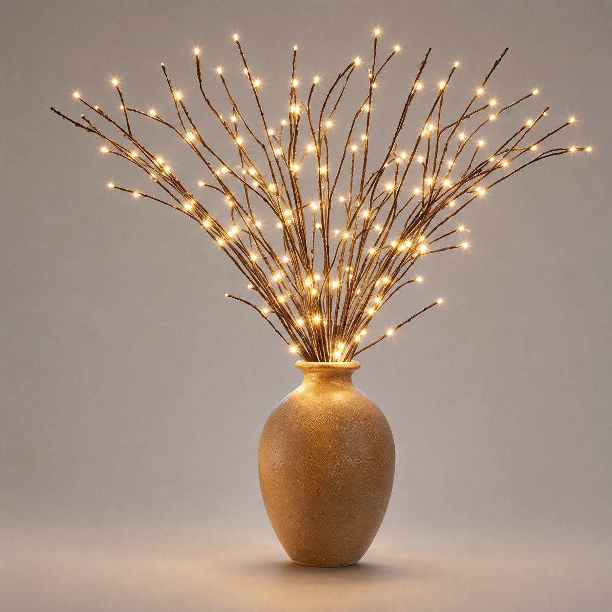 LED willow branch lights glow warm white in a textured beige vase against a light neutral studio background.