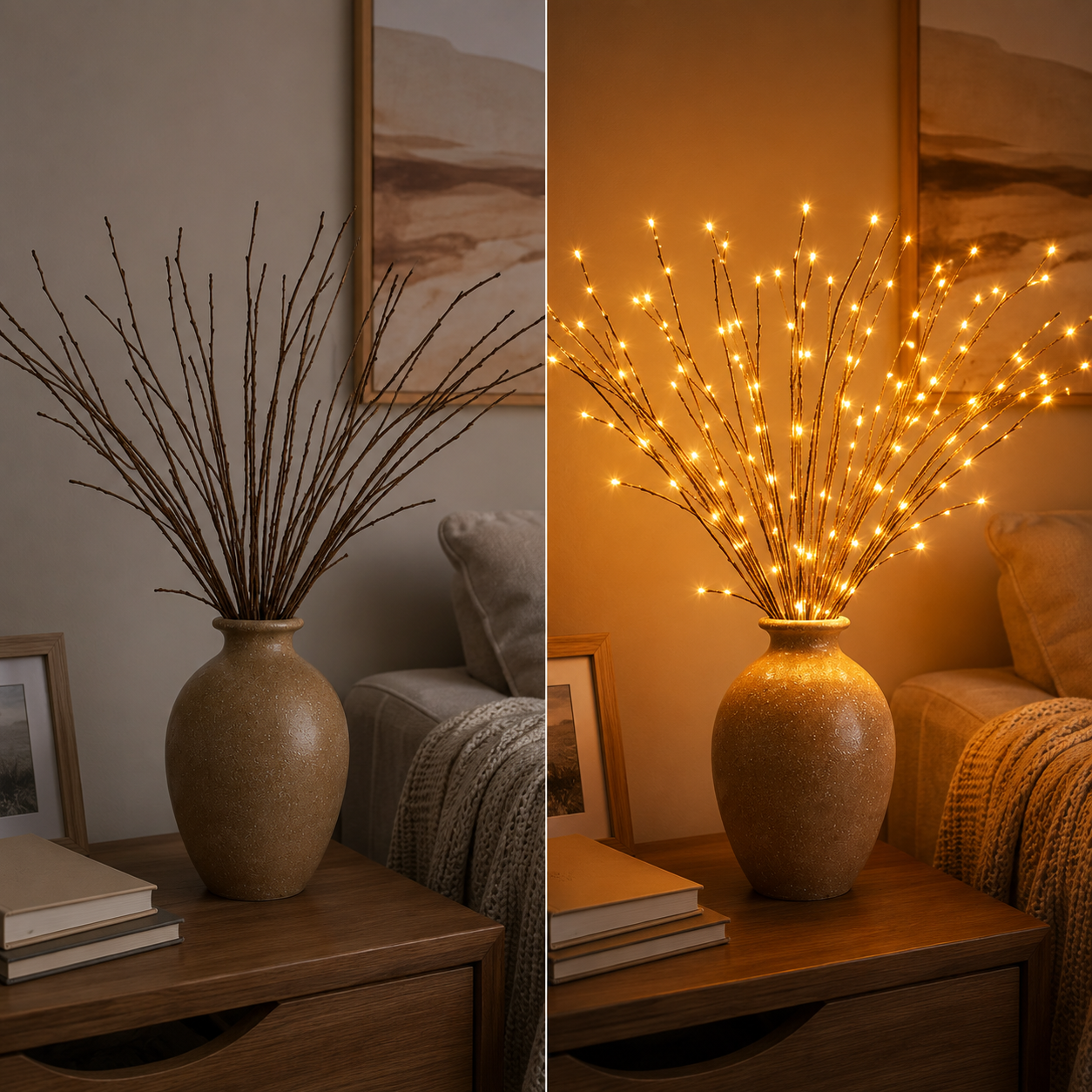 LED willow branch lights are unlit on the left and glowing warm white on the right in the same tabletop setting.