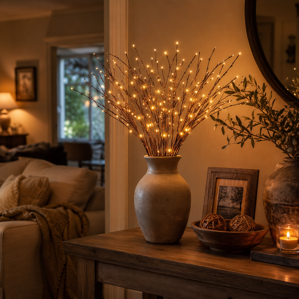 A lighted branch vase adds warm light to a console beside an upholstered chair and framed wall art.