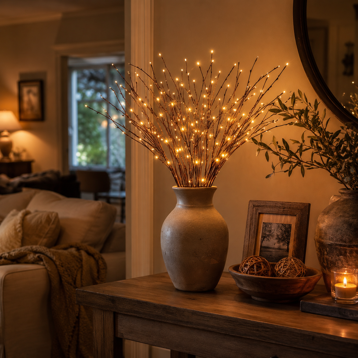A lighted branch vase adds warm light to a console beside an upholstered chair and framed wall art.