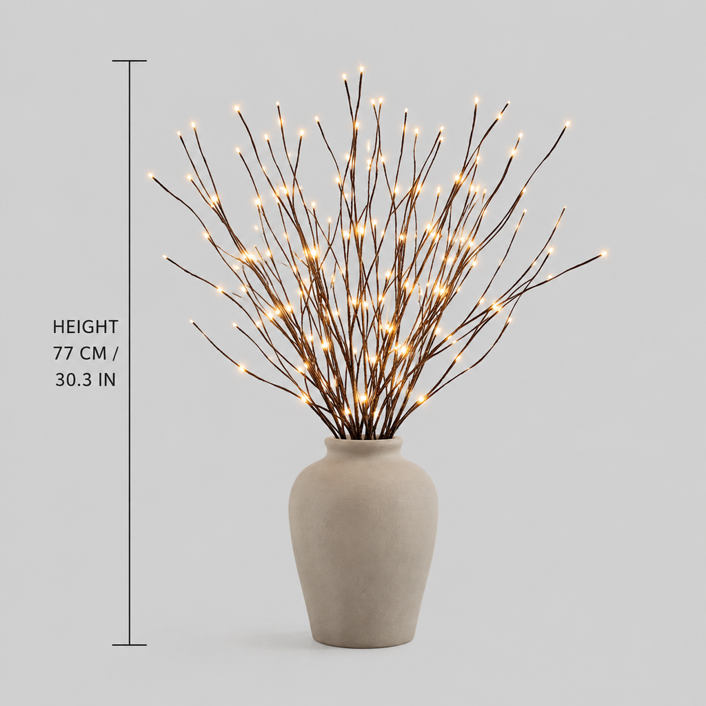 A lighted branch vase is centered in a dimensions graphic with vertical and horizontal measurement lines.