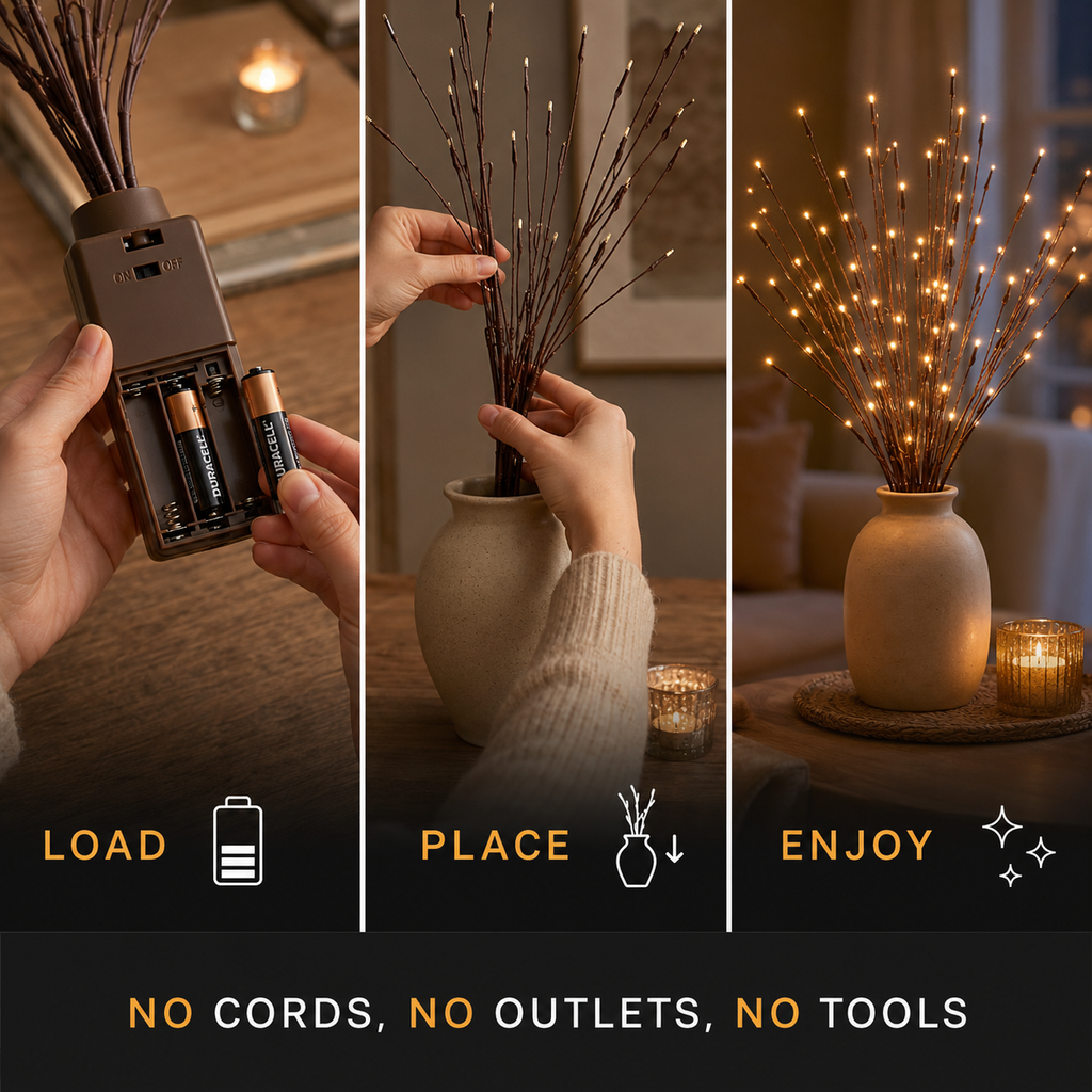 A lighted branch vase appears in a setup graphic showing the battery box and branches being arranged by hand.