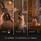 A lighted branch vase appears in a setup graphic showing the battery box and branches being arranged by hand.