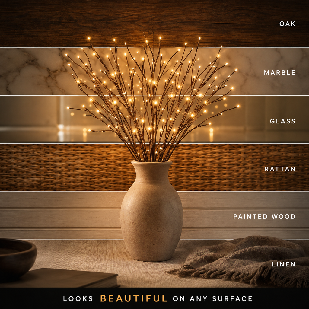 A lighted branch vase glows on a wooden console beside stacked books and decorative objects.