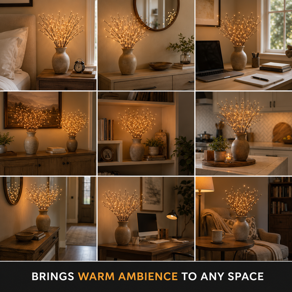A lighted branch vase is shown across a nine-scene grid in different indoor tabletop settings.