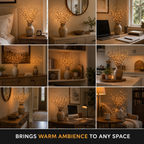 A lighted branch vase is shown across a nine-scene grid in different indoor tabletop settings.