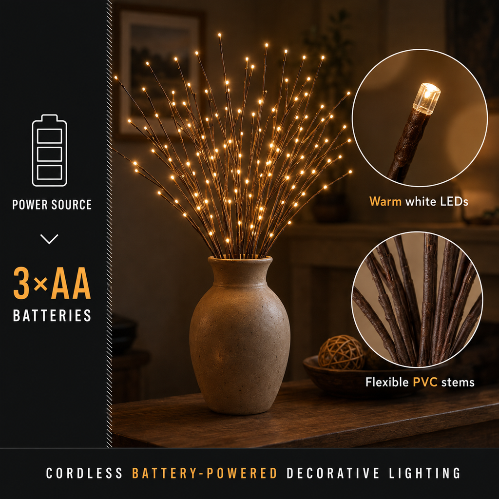 A lighted branch vase appears in a technical graphic with a battery box, 3-AA label, and close-up inset.