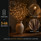 A lighted branch vase appears in a technical graphic with a battery box, 3-AA label, and close-up inset.