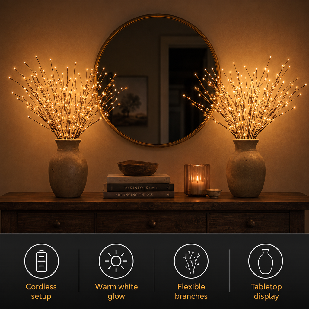 A lighted branch vase glows on a wooden console beside stacked books and decorative objects.