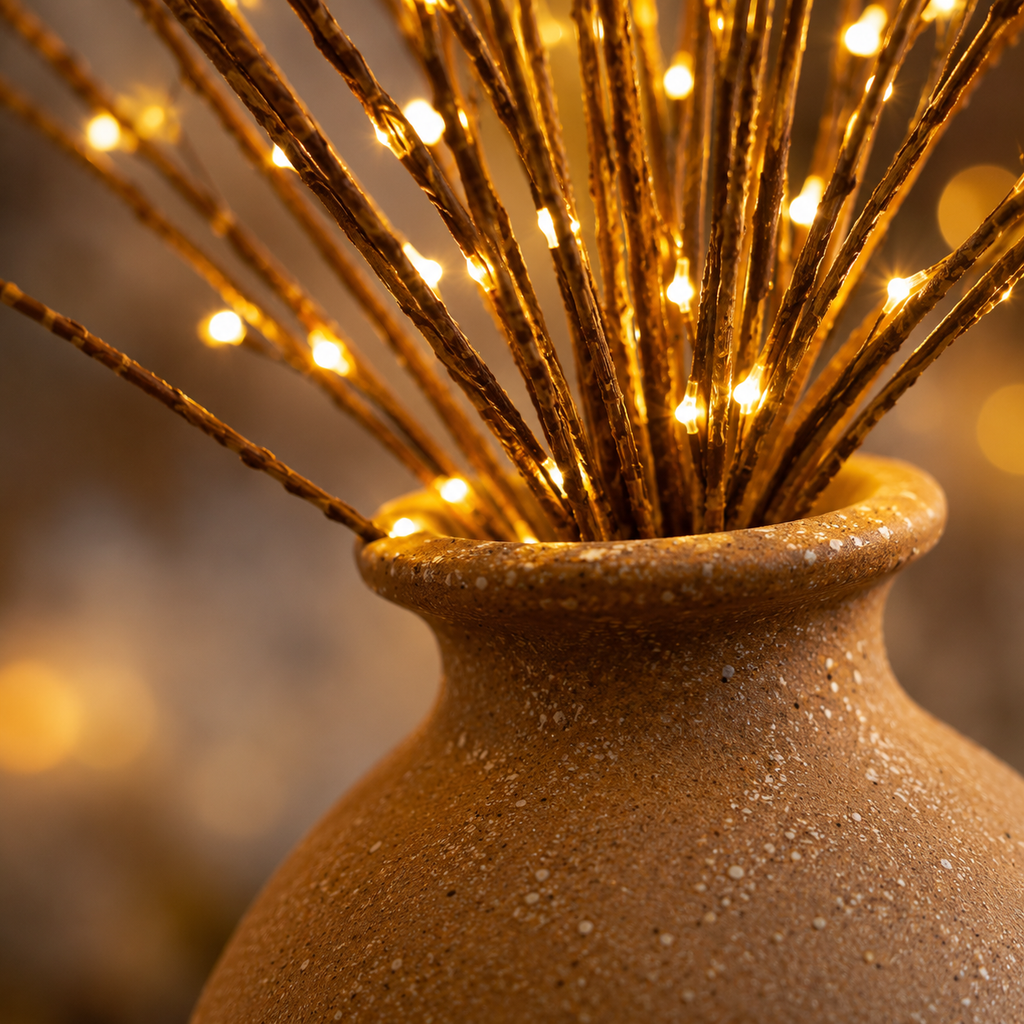 LED willow branch lights glow among textured brown twigs above the rim of a speckled beige vase.