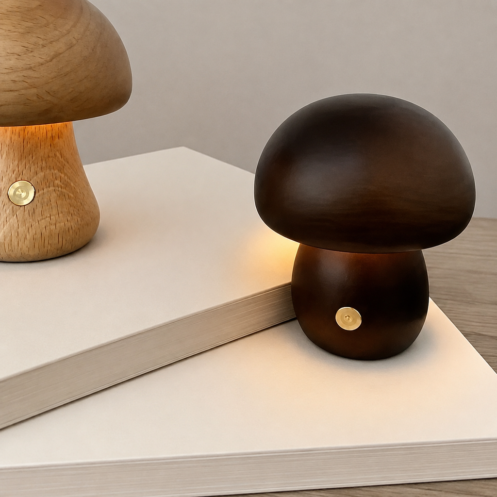 Wooden mushroom table lamp pair in dark and light brown on blank papers.