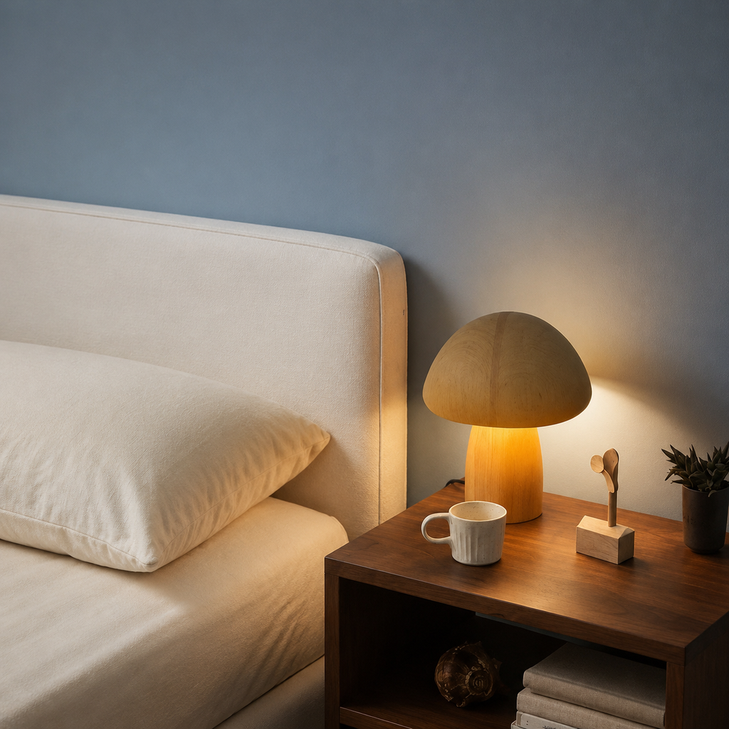 Wooden mushroom table lamp glowing on a bedroom nightstand.
