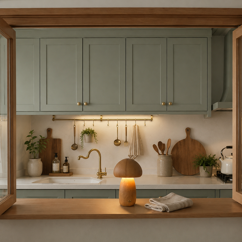 Wooden mushroom table lamp lit on a pass through counter in a shaker kitchen.