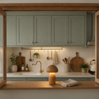 Wooden mushroom table lamp lit on a pass through counter in a shaker kitchen.