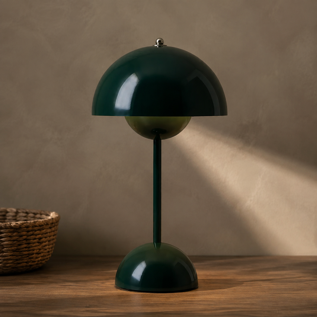 dark green dome table lamp glowing on a rustic wood surface