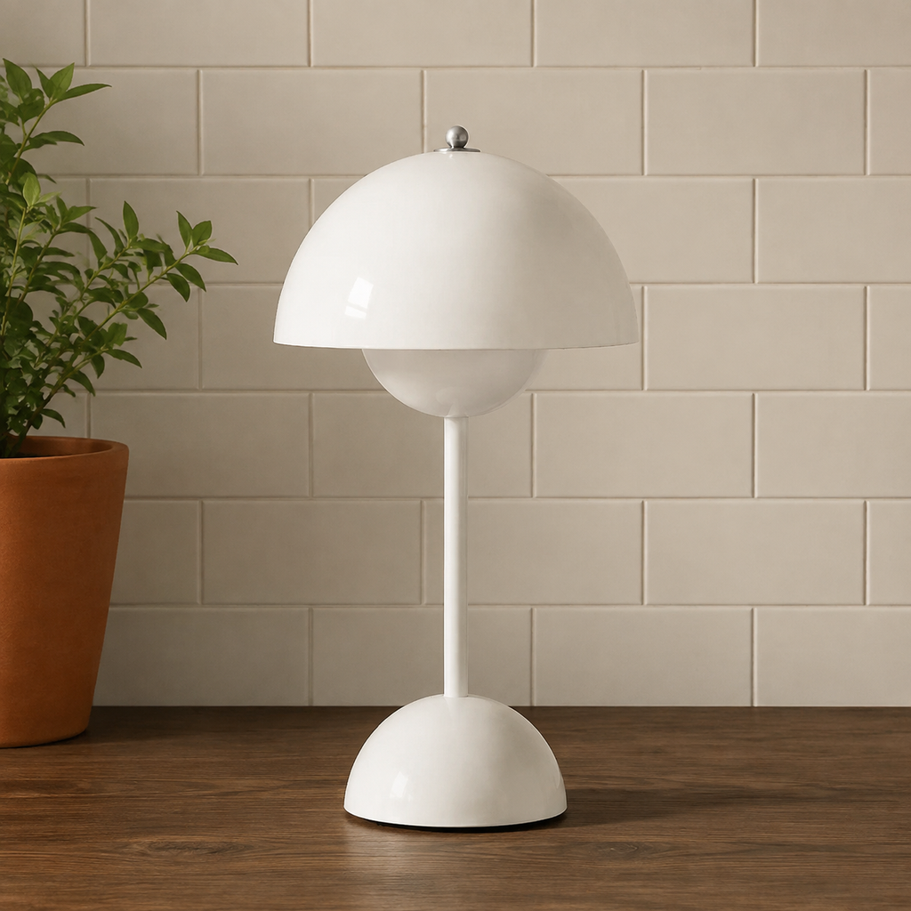 white dome table lamp shown against a cream tile wall