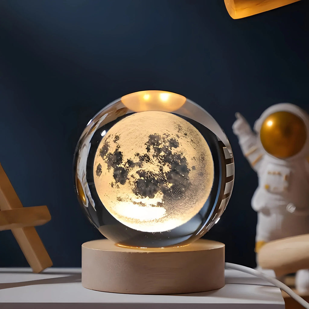 Crystal sphere table lamp with Moon engraving on a wooden light base