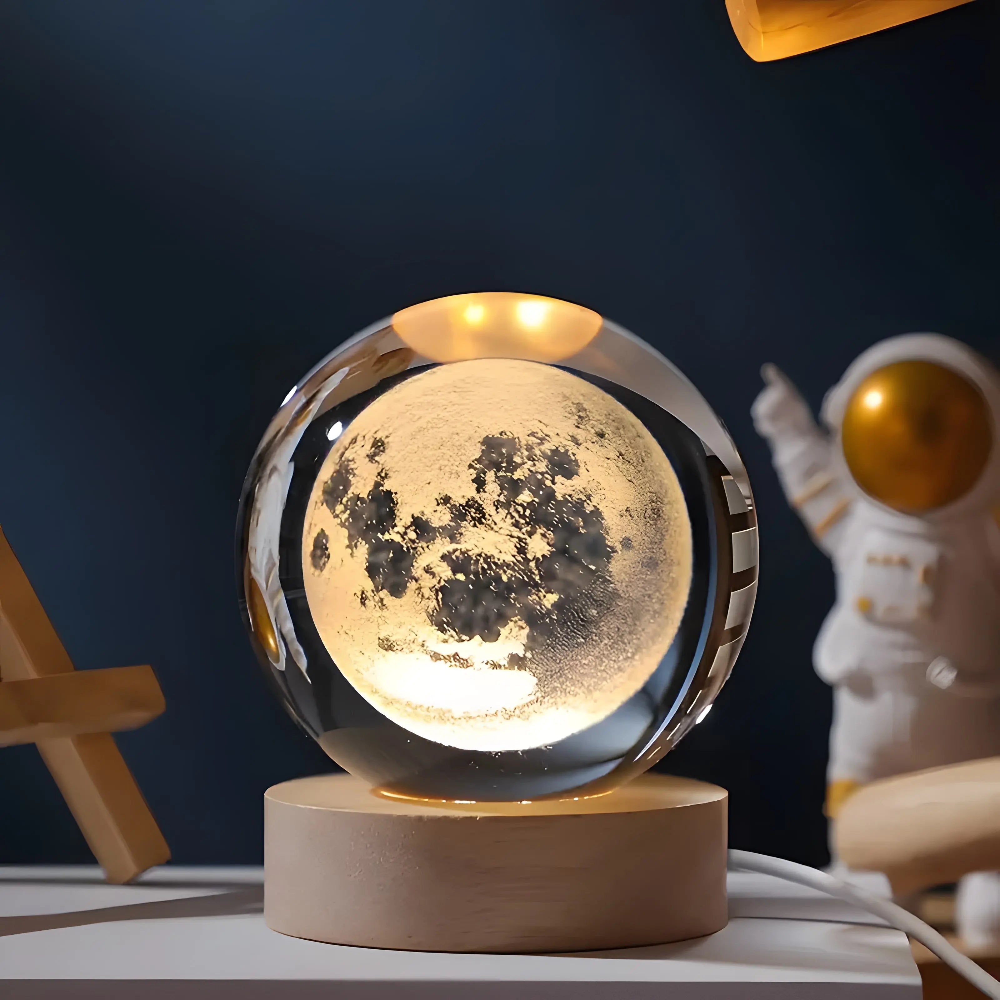 Crystal sphere table lamp with Moon engraving on a wooden light base