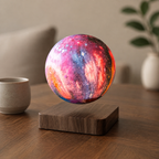 Levitating galaxy moon table lamp above a wood base on a living room table.